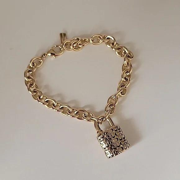 COACH Padlock Bracelet, Gold Tone with Crystals Chain Bracelet - Picture 2 of 7